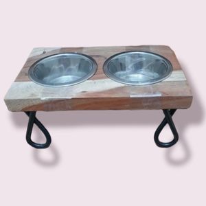 Double Bowl Feeder with Stand Wood Cast Iron Small Animal Dog Cat